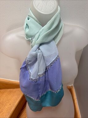Redfish Designs Sheer Color Block Scarf Wrap Pastel Lattice Trim Boho Silk